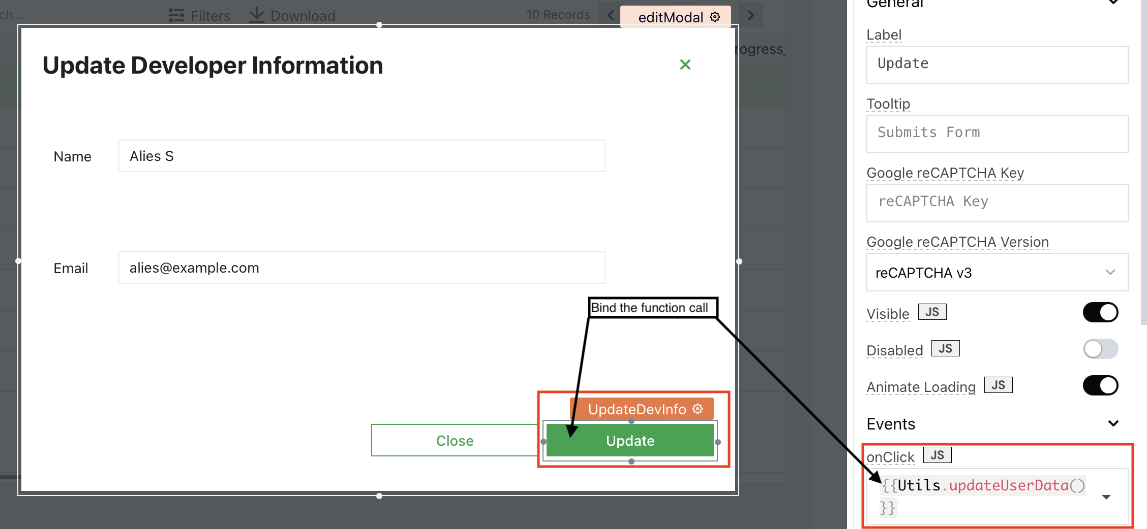 How to bind function call to an `onClick` event?